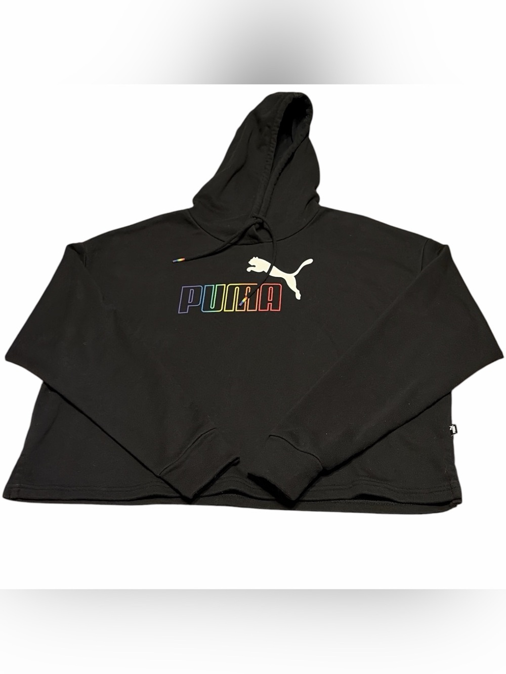 Puma Cropped Black Hoodie with Rainbow PUMA Wordmark